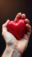 Fototapeta premium Close-up of a hand gently holding a vibrant red heart , gentle, valentine's day