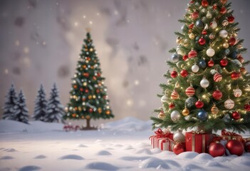 Obraz premium Decorated Christmas tree with ornaments and garlands amidst snow-covered background, holiday, garland