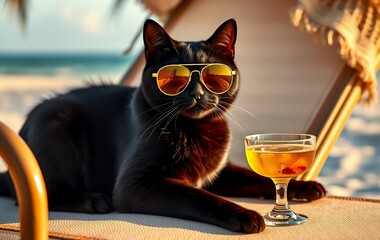 A black cat wearing sunglasses and a glass of wine