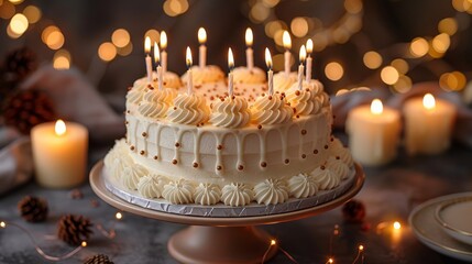 Elegant White Birthday Cake with Multiple Lit Candles on a Romantic Bokeh Background, Festive Treat