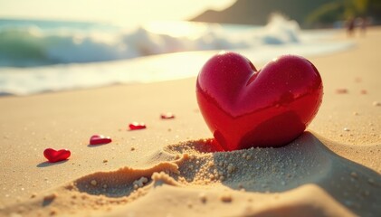 Fototapeta premium Crimson hearts descend onto sun-drenched sand , golden, tropical