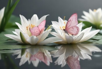 Delicate pink butterfly perched on a pristine white lily pad,  wildlife,  insect