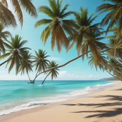 Obraz premium Palm tree-lined beach with swaying palm fronds against a warm turquoise ocean backdrop , blue sky, turquoise sea