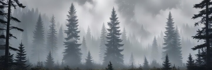 Fototapeta premium Dense fog envelops towering fir trees in a mystical forest landscape, misty, atmosphere