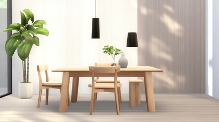 Fototapeta premium Modern dining area with a wooden table and plants.