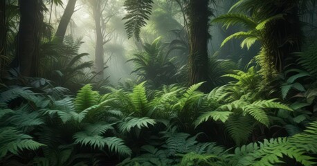 Naklejka premium Dense foliage of ferns and tropical leaves in a forest ecosystem, forest, greenery