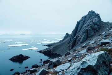 Barren, rocky outcrop amidst melting polar ice Vast, grey ocean stretches to horizon , environmental damage, natural disaster