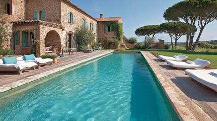 Villa of luxury with stone exteriors, a pool, and exquisite countryside views