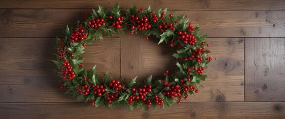 Red floral wreath with holly berries and berries on wooden background ,  berries,  holly