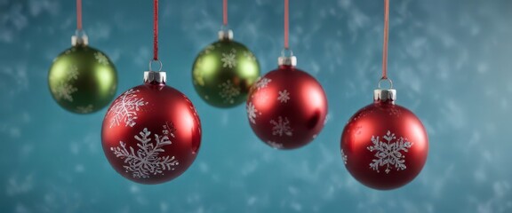 Red and green glass balls suspended from blue background with snowflakes,  decorations,  balls
