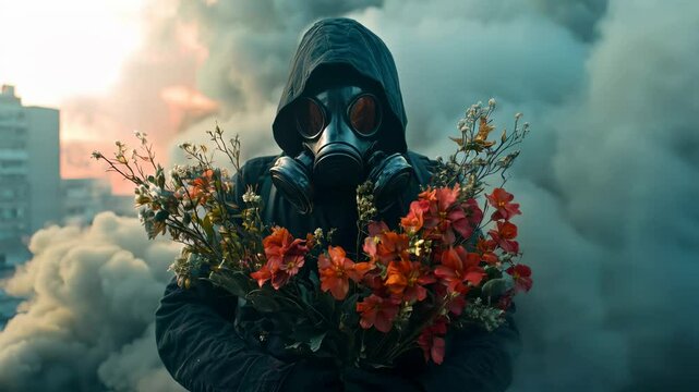 Man in gas mask with flowers amidst dense smoke, symbolizing survival in ecological disaster, survivor after nuclear or chemical war. Post apocalyptic world