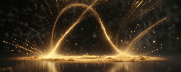 Shiny gold dust particles dancing around a central axis ,  motion blur,  festive