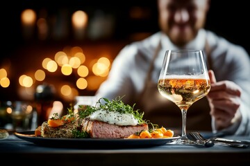 A gourmet restaurant setting with kvass served in a crystal glass, paired with a modern rye-based dish