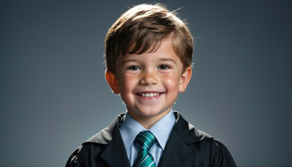 Young boy in graduation attire smiles proudly against a simple background