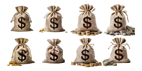 Money Bags with Dollar Sign and Coins on Transparent Background