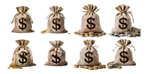 Money Bags with Dollar Sign and Coins on Transparent Background
