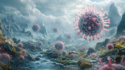 Futuristic virus landscape with floating particles in a misty environment. Generative AI