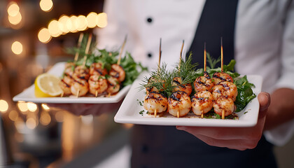 Waiter serving gourmet dishes, highlighting elegance and culinary artistry