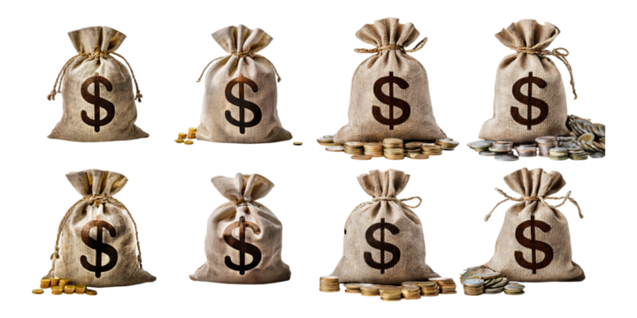 Money Bags with Dollar Sign and Coins on Transparent Background