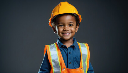 Young child dressed as a construction worker smiles while wearing a hard hat and safety vest