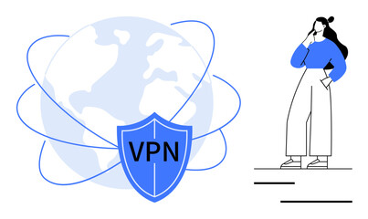 Woman pondering beside VPN shield resembling online security. Globe with orbital lines suggests global digital network. Ideal for cyber security, privacy, internet safety, technology, global