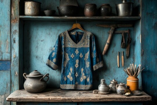 A kurta with block prints, displayed alongside traditional crafting tools and dyes in an artisanal workshop