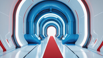 Obraz premium Modern futuristic corridor with bright lighting and red carpet leading to a glowing exit