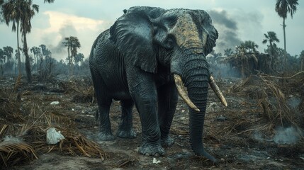 Fototapeta premium Mud-covered elephant in a burning forest.