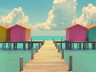 Perfect summer vacation vibes with colorful seaside cottages, a wooden pier, seagulls soaring...