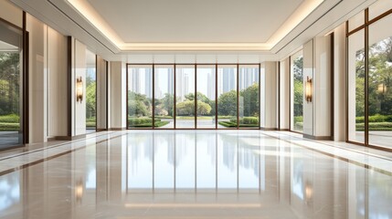 Fototapeta premium Spacious modern interior with large windows and polished floors.