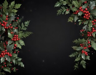 Fototapeta premium Swirl ribbons and stars on a black background with festive holly leaves and berries, black ribbons, christmas decorations