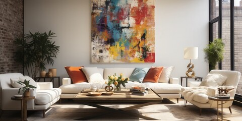 Fototapeta premium Modern living room, sunlight, abstract art, city view. Home decor inspiration.