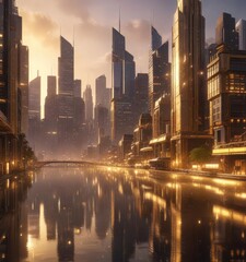Glittering gold dust falls gently on a futuristic cityscape at dusk,  metallic sheen,  ambient light