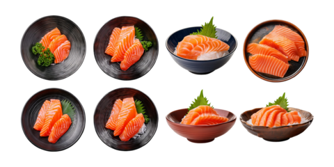 Fresh Salmon Slices in Various Bowls and Plates on Transparent Background