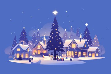 Winter Christmas Night Scene with Snowy Houses, Christmas Tree, and Starry Sky - New Year Greeting Postcard Design