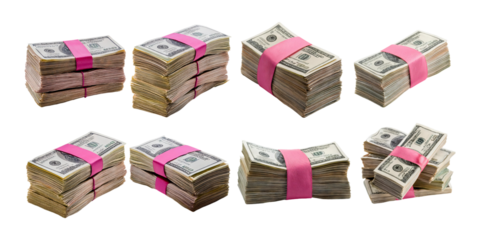 Stacks of Cash with Pink Bands Isolated on Transparent Background