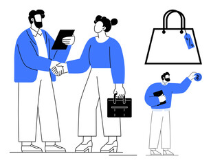 Businesspeople shaking hands, holding a briefcase and clipboard, accompanying a large shopping bag with a price tag, and a man holding a coin bundle. Ideal for business, finance, partnership