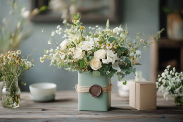 Obraz premium A rustic wedding invitation printed on kraft paper, tied with twine and a wax seal