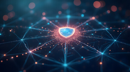 Fototapeta premium A glowing network of interconnected nodes and lines, with a large shield icon in the center