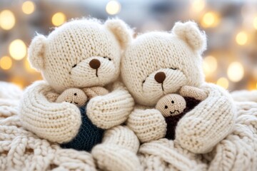 A serene scene of twin babies asleep on a large knitted blanket, each with a soft stuffed animal tucked under their arm