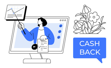 Person giving a presentation on a desktop screen with a chart, surrounded by foliage and CASH BACK speech bubble. Ideal for business, online education, finance, promotions, marketing, sales, customer
