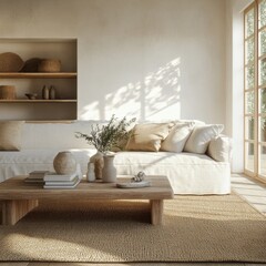 A white couch with a vase on the coffee table