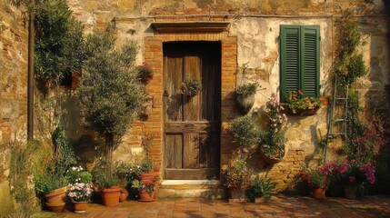 Fototapeta premium At the entrance, a sunlit stone house is beautifully decorated with a variety of flowers and plants