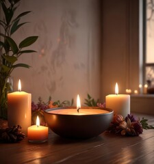 Warm candlelight and scented oils, gentle massage, calming music, peaceful atmosphere,  atmosphere,  aromatherapy