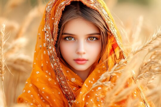 A traditional Punjabi kurta and salwar set, paired with a colorful phulkari dupatta, photographed in a rural setting