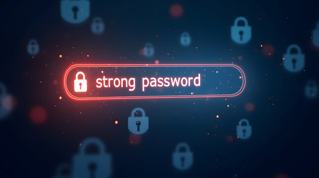 A glowing password field with a "strong password" being entered, surrounded by floating lock icons