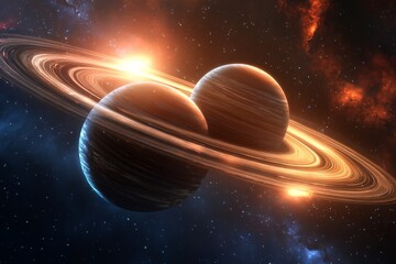 A vibrant 3D digital illustration of two planets orbiting close to each other in a galaxy filled with colorful nebulae
