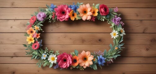Watercolor floral wreath on wooden background,  wreath,  wood