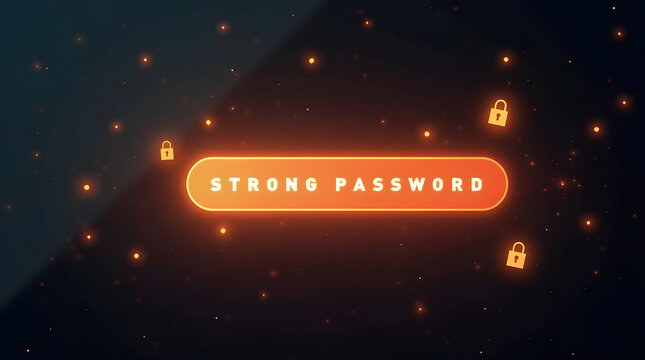 A glowing password field with a "strong password" being entered, surrounded by floating lock icons