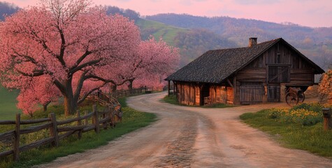 Envisioning a tranquil and delightful scene of a white toy house surrounded by cherry blossoms, framed by an abstract natural spring backdrop. This artwork symbolizes the concept of mortgage